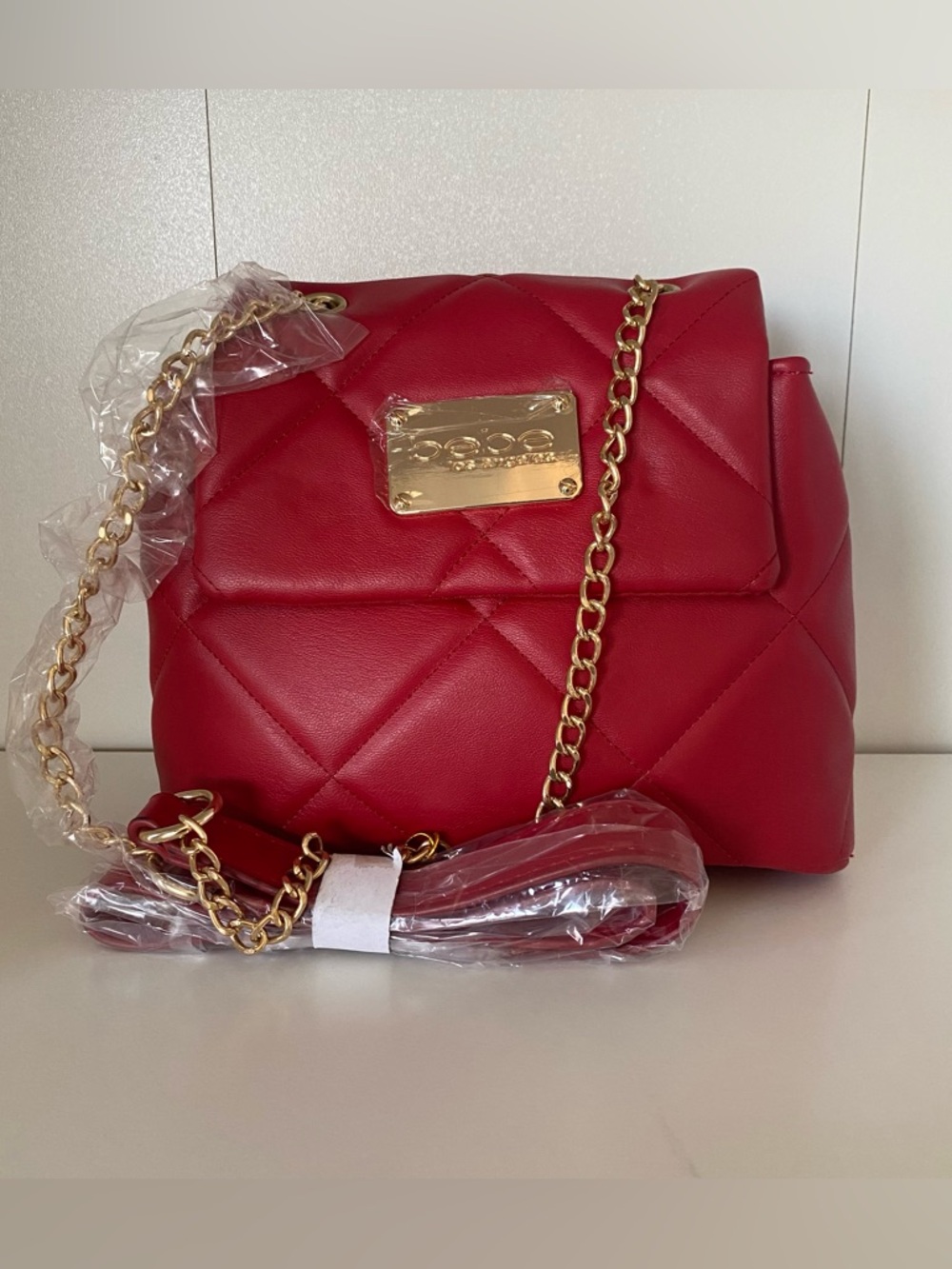 Bebe mini red Crossbody Bag with Gold Chain